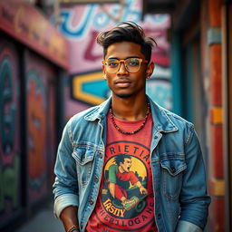 A 25-year-old dark-skinned man dressed in indie pop style, sporting a colorful graphic t-shirt, vintage denim jacket, and trendy small glasses