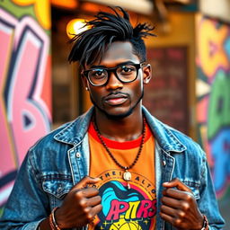 A 25-year-old dark-skinned man dressed in indie pop style, sporting a colorful graphic t-shirt, vintage denim jacket, and trendy small glasses