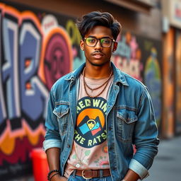 A 25-year-old dark-skinned man dressed in indie pop style, sporting a colorful graphic t-shirt, vintage denim jacket, and trendy small glasses