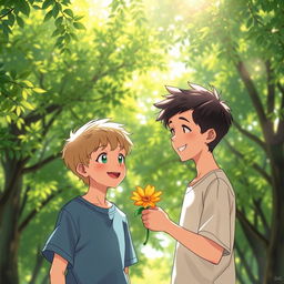 Two boys in a beautiful aesthetic background featuring lush green trees