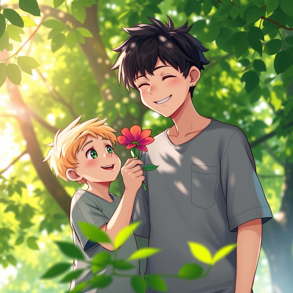 Two boys in a beautiful aesthetic background featuring lush green trees