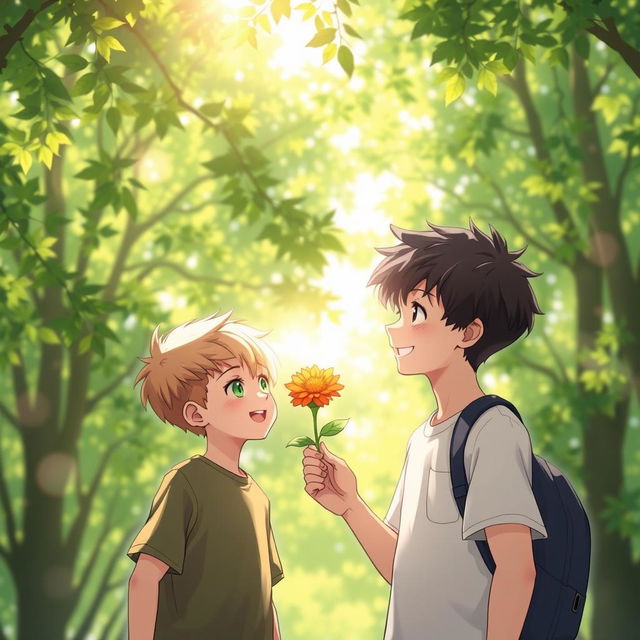 Two boys in a beautiful aesthetic background featuring lush green trees