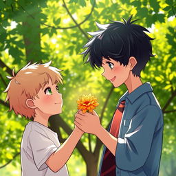 Two boys in a beautiful aesthetic background featuring lush green trees