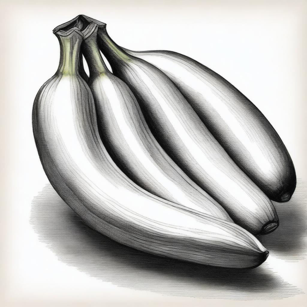 A highest quality, detailed pencil drawing of a bunch of bananas