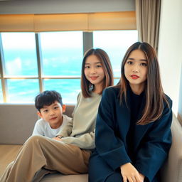 A beautiful 20-year-old woman with a distinctive Korean idol-like face, dressed in stylish clothes, with thick straight hair that covers her ears