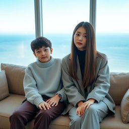 A beautiful 20-year-old woman with a distinctive Korean idol-like face, dressed in stylish clothes, with thick straight hair that covers her ears