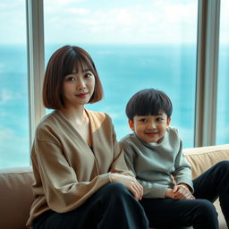 A beautiful 20-year-old woman with a distinctive Korean idol-like face, dressed in stylish clothes, with thick straight hair that covers her ears