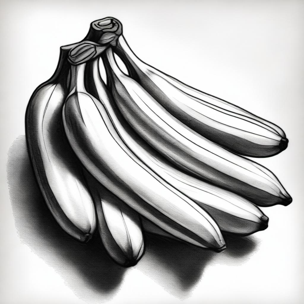 A highest quality, detailed pencil drawing of a bunch of bananas