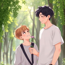 Two young adult boys in a beautiful aesthetic background featuring tall, green trees and soft light filtering through the leaves
