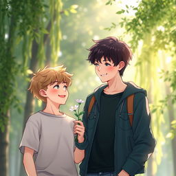 Two young adult boys in a beautiful aesthetic background featuring tall, green trees and soft light filtering through the leaves