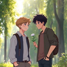 Two young adult boys in a beautiful aesthetic background featuring tall, green trees and soft light filtering through the leaves