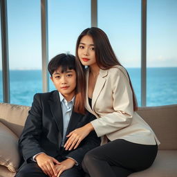 A beautiful woman with a typical Korean idol face, around 20 years old, dressed in stylish clothes, with long, thick straight hair that covers her ears