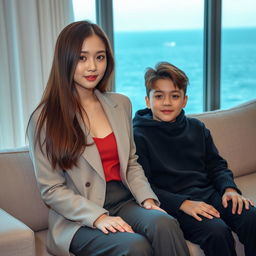 A beautiful woman with a typical Korean idol face, around 20 years old, dressed in stylish clothes, with long, thick straight hair that covers her ears