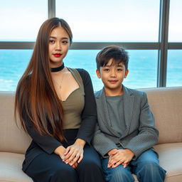 A beautiful woman with a typical Korean idol face, around 20 years old, dressed in stylish clothes, with long, thick straight hair that covers her ears