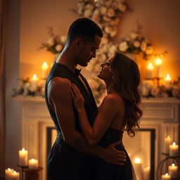 A sensual and intimate scene depicting a couple in a romantic setting, surrounded by soft candlelight, wearing elegant evening attire