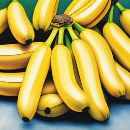 A high-quality, vibrant coloured pencil drawing featuring a bunch of bananas