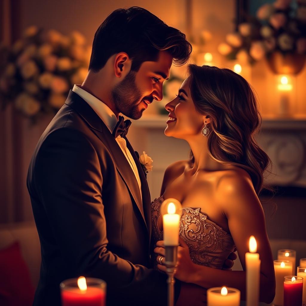 A sensual and intimate scene depicting a couple in a romantic setting, surrounded by soft candlelight, wearing elegant evening attire