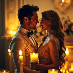 A sensual and intimate scene depicting a couple in a romantic setting, surrounded by soft candlelight, wearing elegant evening attire