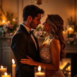 A sensual and intimate scene depicting a couple in a romantic setting, surrounded by soft candlelight, wearing elegant evening attire