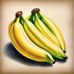 A high-quality, vibrant coloured pencil drawing featuring a bunch of bananas