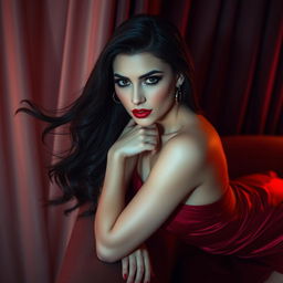 A sultry scene featuring a glamorous woman with flowing dark hair, wearing a seductive red evening gown that elegantly hugs her curves