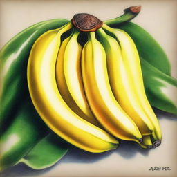 A high-quality, vibrant coloured pencil drawing featuring a bunch of bananas