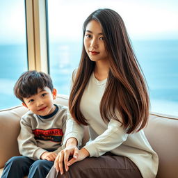A beautiful woman with classic Korean features resembling an idol, aged 18, wearing stylish clothing