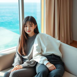 A beautiful woman with classic Korean features resembling an idol, aged 18, wearing stylish clothing