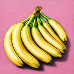 A high-quality, vibrant coloured pencil drawing featuring a bunch of bananas