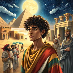 A visually rich depiction showing the story of Joseph from the Bible, featuring key scenes such as Joseph being sold into slavery, his coat of many colors, his time in Egypt, interpreting dreams, and reuniting with his family