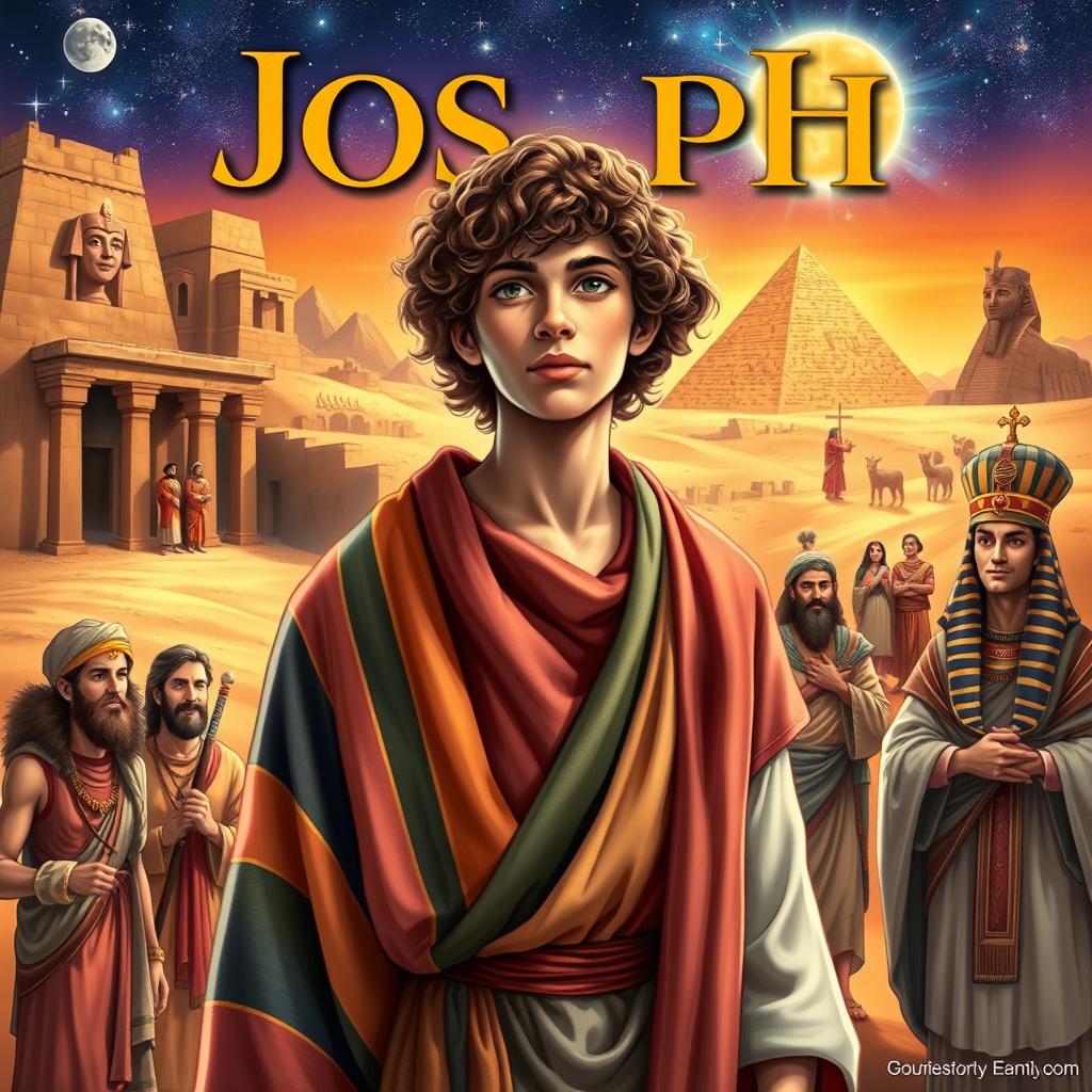A visually rich depiction showing the story of Joseph from the Bible, featuring key scenes such as Joseph being sold into slavery, his coat of many colors, his time in Egypt, interpreting dreams, and reuniting with his family