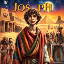 A visually rich depiction showing the story of Joseph from the Bible, featuring key scenes such as Joseph being sold into slavery, his coat of many colors, his time in Egypt, interpreting dreams, and reuniting with his family