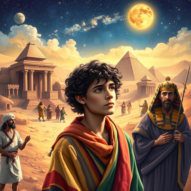 A visually rich depiction showing the story of Joseph from the Bible, featuring key scenes such as Joseph being sold into slavery, his coat of many colors, his time in Egypt, interpreting dreams, and reuniting with his family