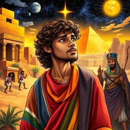 A visually rich depiction showing the story of Joseph from the Bible, featuring key scenes such as Joseph being sold into slavery, his coat of many colors, his time in Egypt, interpreting dreams, and reuniting with his family