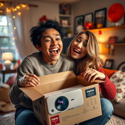 A joyful person unboxing a DigiKala package and taking out a HY300 projector with a big smile