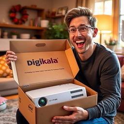 A joyful person unboxing a DigiKala package and taking out a HY300 projector with a big smile