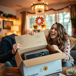 A joyful person unboxing a DigiKala package and taking out a HY300 projector with a big smile