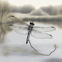 A meticulously detailed pencil drawing showcasing a dragonfly gliding over a tranquil pond