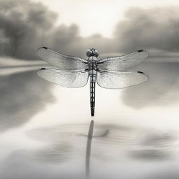 A meticulously detailed pencil drawing showcasing a dragonfly gliding over a tranquil pond