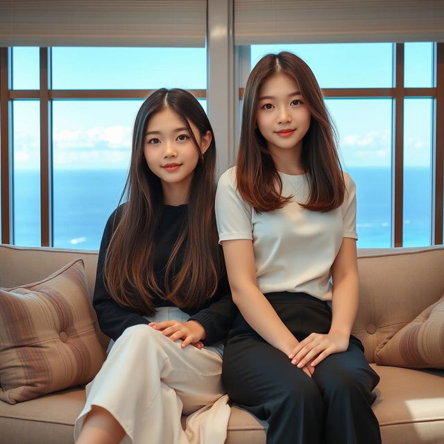 A beautiful woman with a distinctive Korean idol face, around 18 years old, dressed in stylish clothing