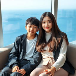 A beautiful woman with a distinctive Korean idol face, around 18 years old, dressed in stylish clothing