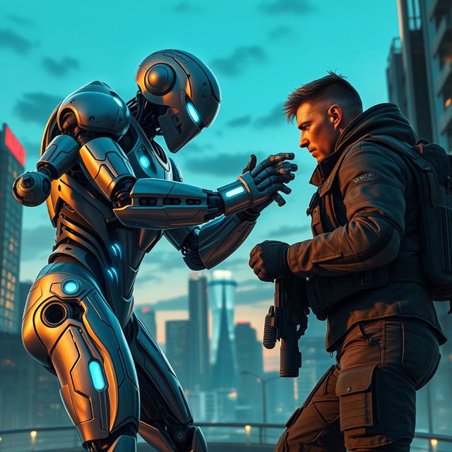 A dynamic and intense scene illustrating the confrontation between a cyborg and a human being