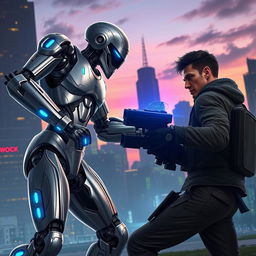 A dynamic and intense scene illustrating the confrontation between a cyborg and a human being