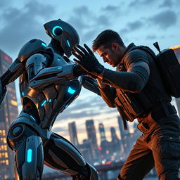 A dynamic and intense scene illustrating the confrontation between a cyborg and a human being