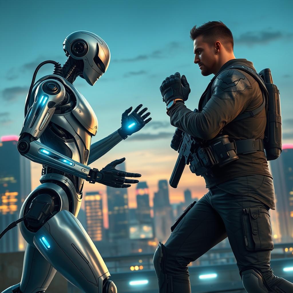 A dynamic and intense scene illustrating the confrontation between a cyborg and a human being