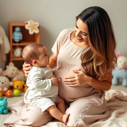 A nurturing and loving mother kneeling down beside her adorable baby, gently pointing to her tummy with a warm smile