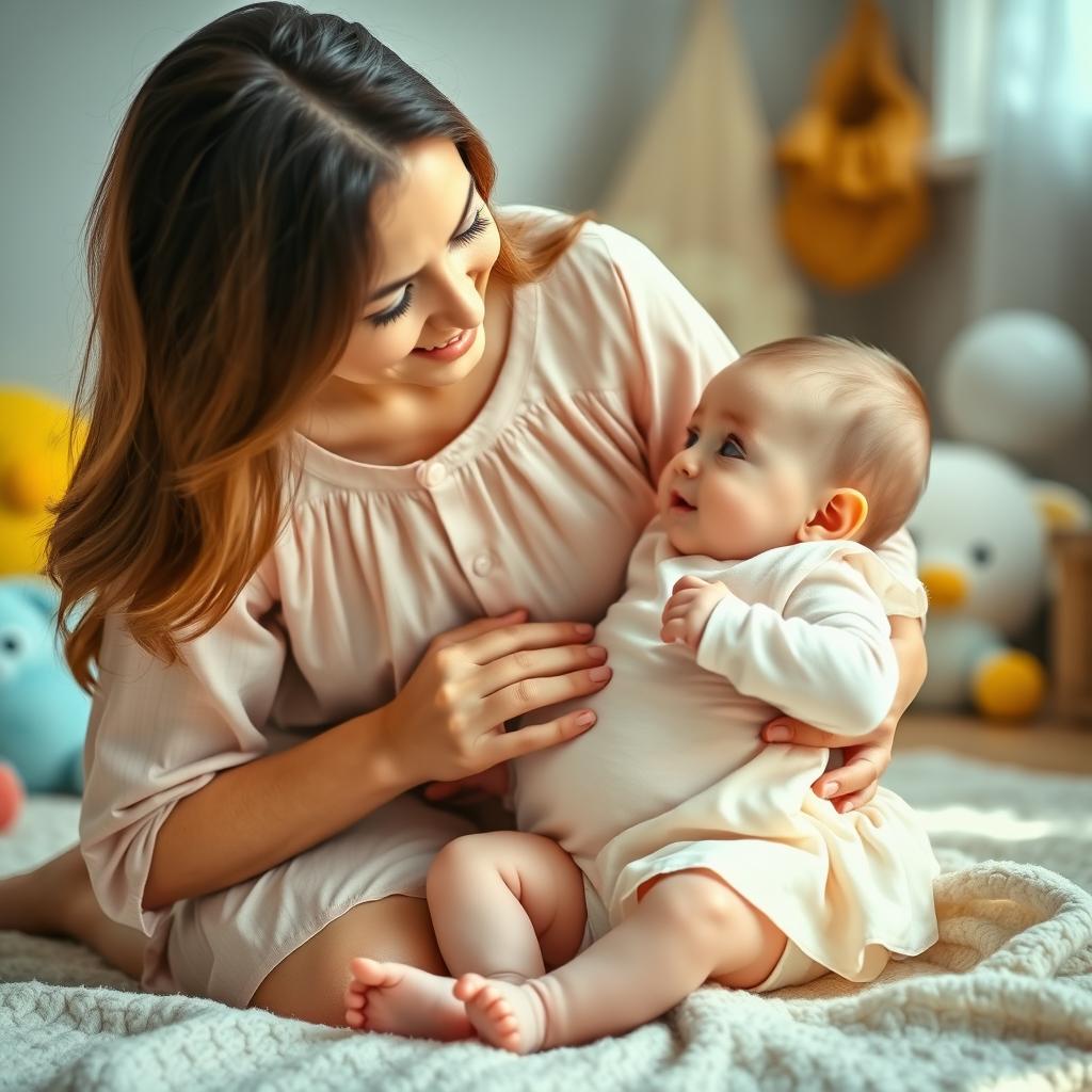 A nurturing and loving mother kneeling down beside her adorable baby, gently pointing to her tummy with a warm smile