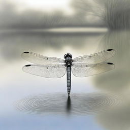 A meticulously detailed pencil drawing showcasing a dragonfly gliding over a tranquil pond