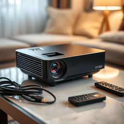A close-up view of an HY300 projector, showcasing its sleek design and features