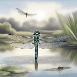 A meticulously detailed pencil drawing showcasing a dragonfly gliding over a tranquil pond